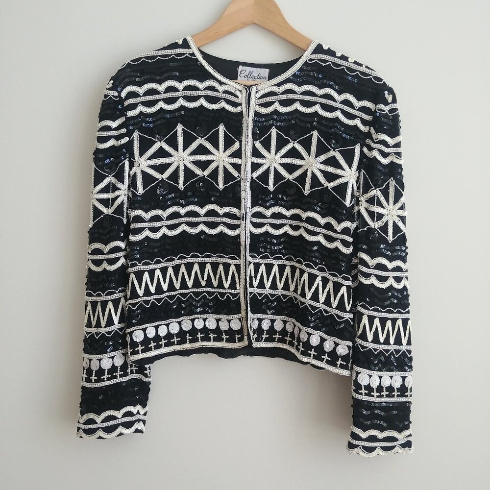 Vintage 100% silk hand beaded cardigan jacket white black sequins beads XL